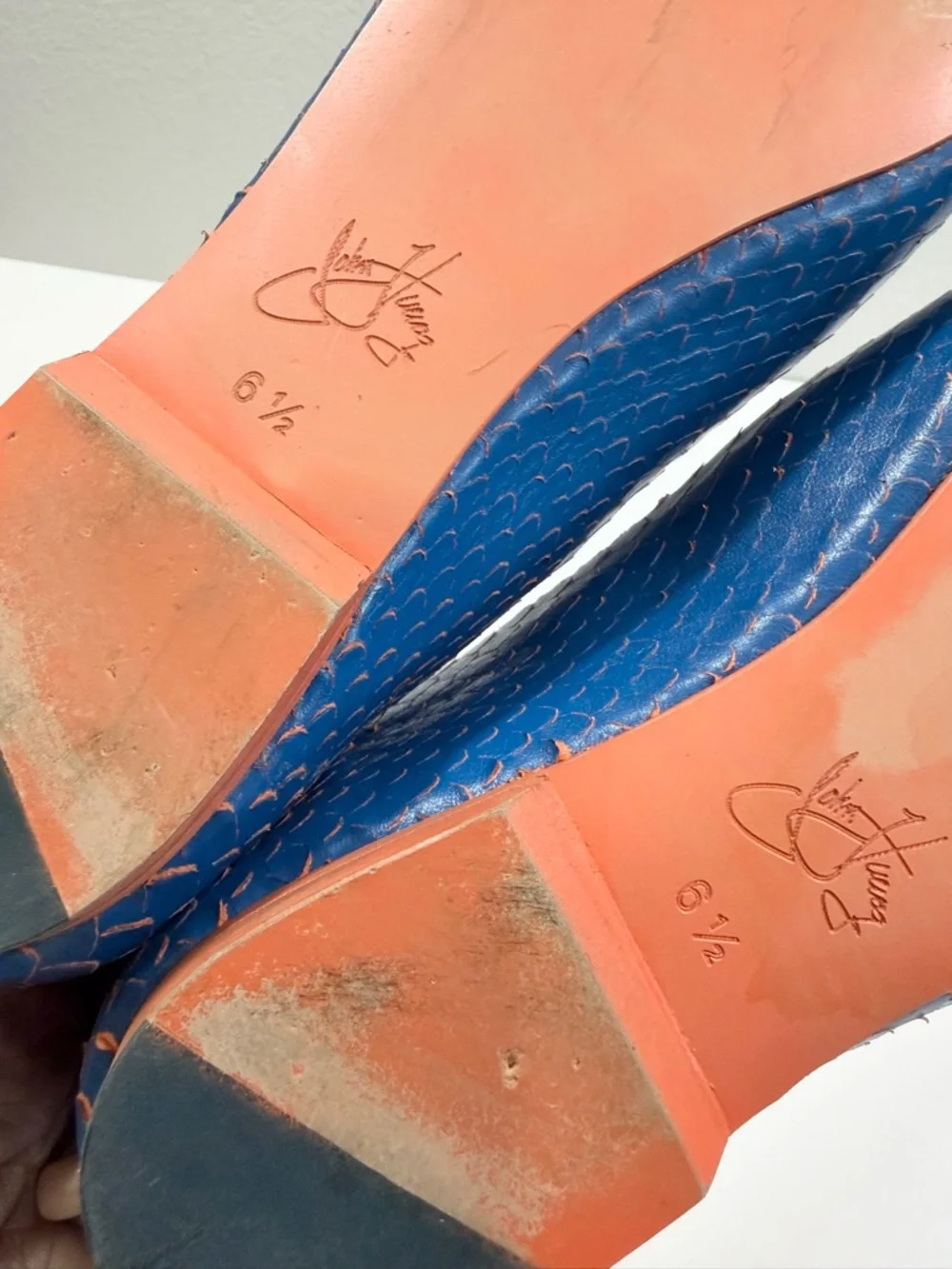 John Fluevog Blue Ballet Flats 6.5 Travel Vogs Embossed Croc Reptile Leather